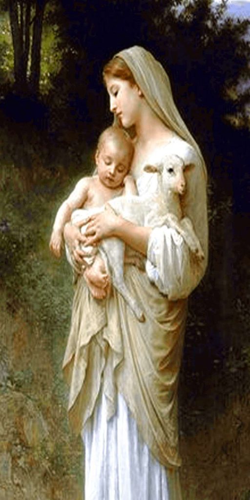 virgen maria con el niño dios y un borrego