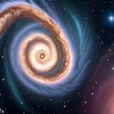 Galaxias espirales: una imagen que retrate una galaxia espiral con brazos en espiral que se extienden desde su núcleo. Representa a la Vía Láctea como un ejemplo de esta estructura, destacando la ubicación de nuestro sistema solar en uno de sus brazos.