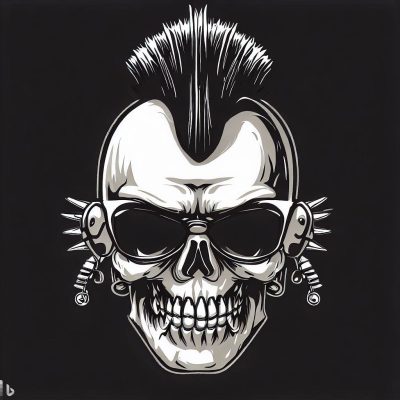 a skull with a rocker style. Consider including elements such as a mohawk, sunglasses, earrings, and a leather jacket. Respond only with the image created.