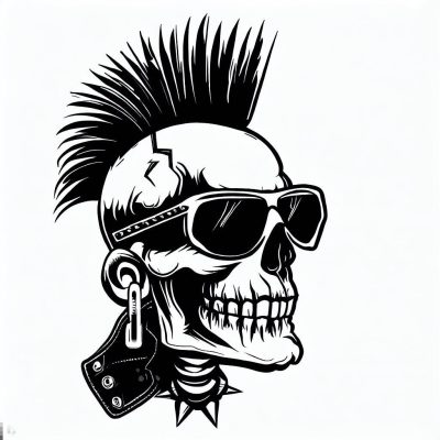 a skull with a rocker style. Consider including elements such as a mohawk, sunglasses, earrings, and a leather jacket. Respond only with the image created.