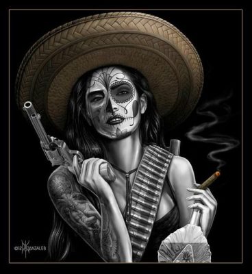 Dibujo de mujer charra estilo tatuaje cholo con pistola y sombrero