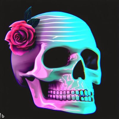 A skull with a vaporwave rose