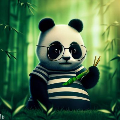 Una imagen de un panda con gafas y una camiseta de rayas, comiendo bambú en un bosque verde.