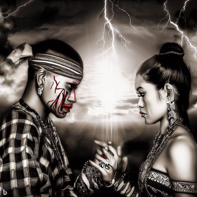 A cholo and chola couple in love, exchanging affectionate glances in the midst of adversity. Digital art