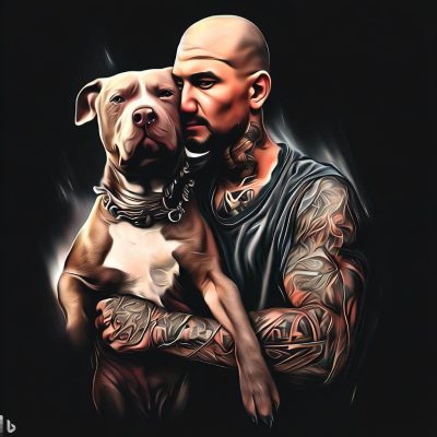 Un homie tatuado con un perro pitbull, arte digital