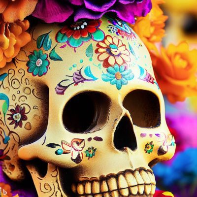 a skull in the style of the Day of the Dead in Mexico. Consider including elements such as flowers, vibrant colors and ornate details.